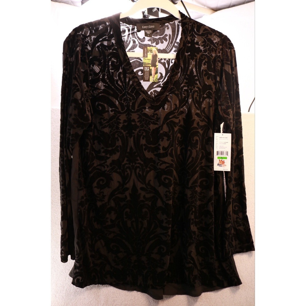 Karen Kane Women’s Top Size L Black Velvet Burnout Sheer V Neck Long Sleeve